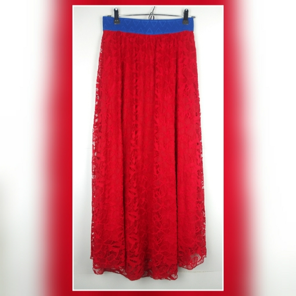 LulaRoe red Lucy maxi skirt blue waistband size S